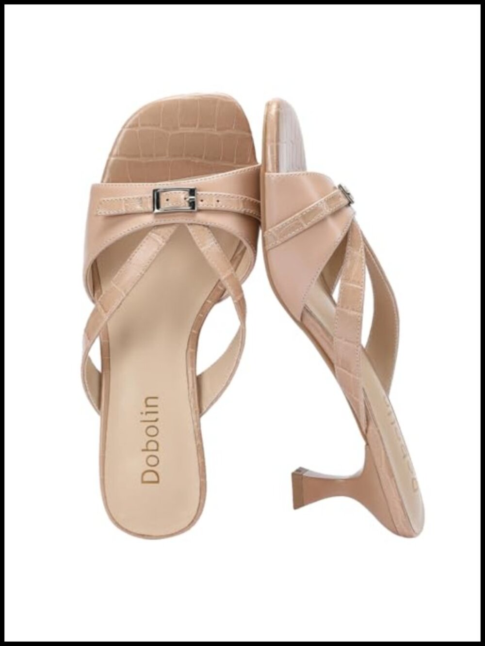 Kitten Heel Sandals Women Slip-On Square Toe Dress Heels Faux Leather